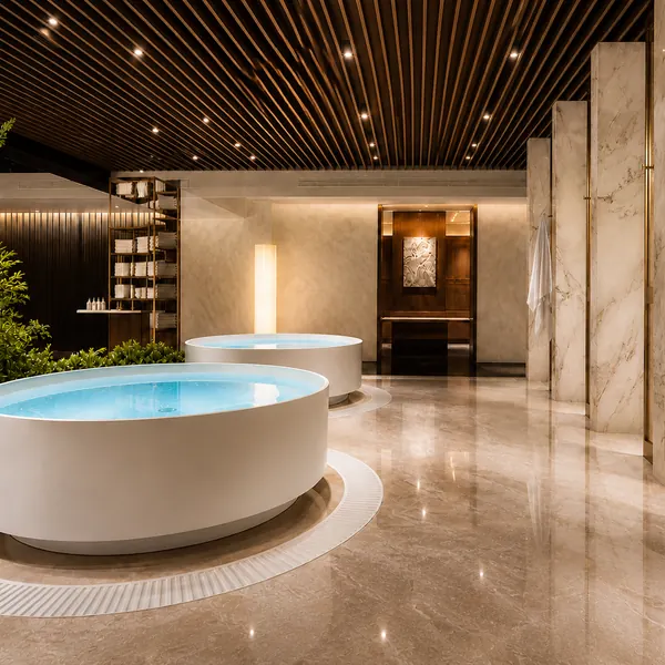White round soaking tub with marble walls