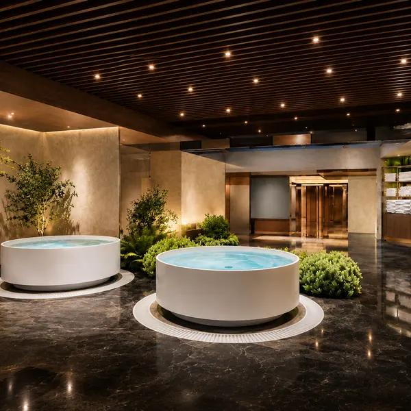 Twin round soaking tubs with greenery