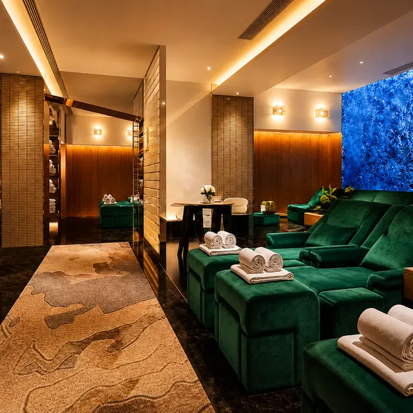 Green recliner lounge with a blue feature wall