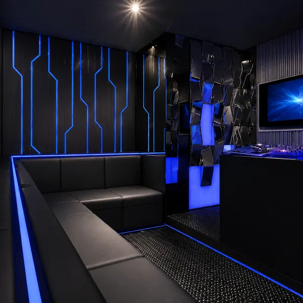 Blue-lit waterbed themed room
