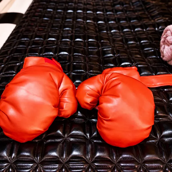Boxing gloves on a leather waterbed
