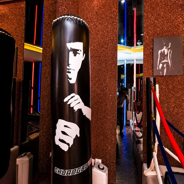 Boxing bag in a themed corridor