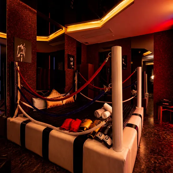 Wide view of the boxing-themed room