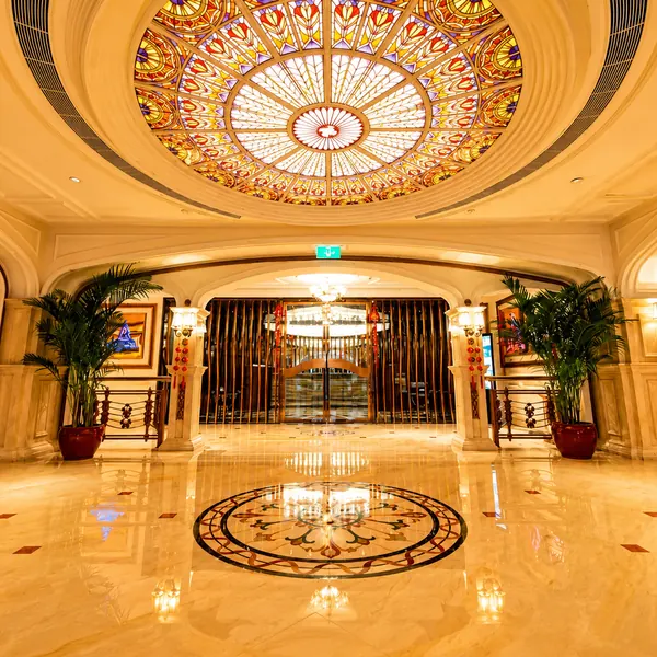 Golden hotel-style lobby