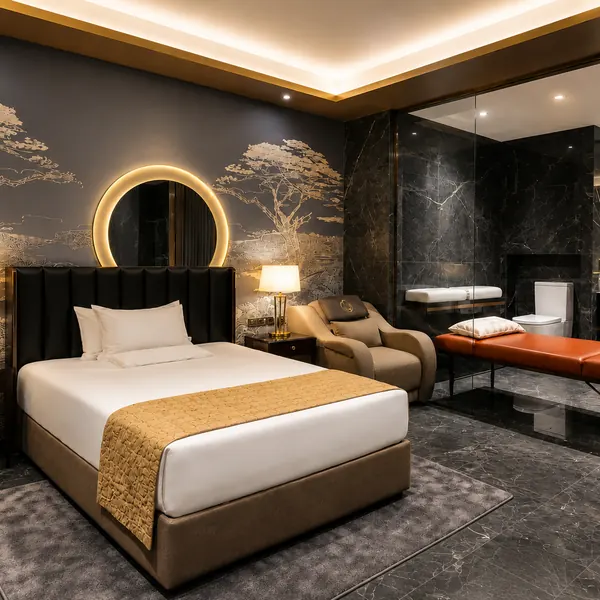 Marble-pattern bedroom suite with a red waterbed
