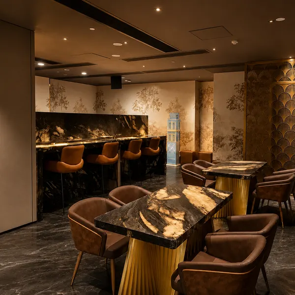 Black-and-gold marble dining lounge