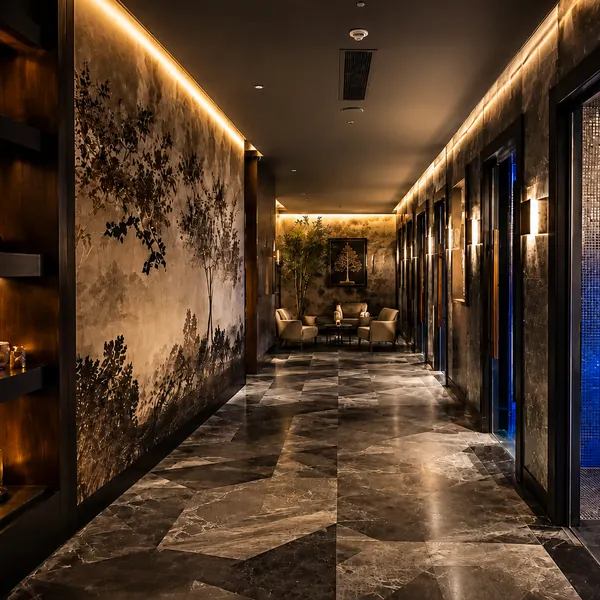 Landscape mural corridor leading to private rooms
