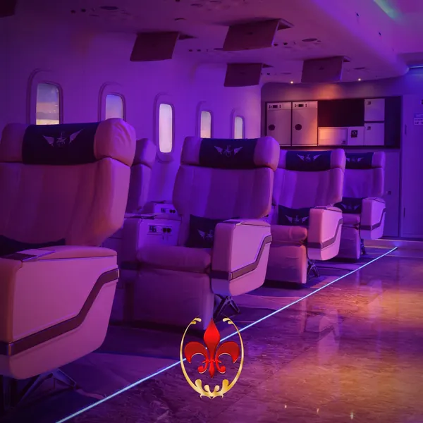 Purple-lit cabin-seat themed room