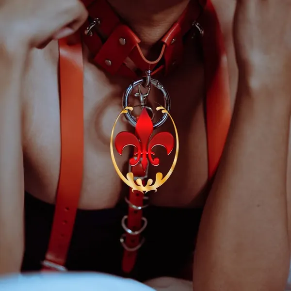 Red-and-black themed accessory close-up