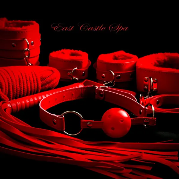 Red themed props arranged on a table