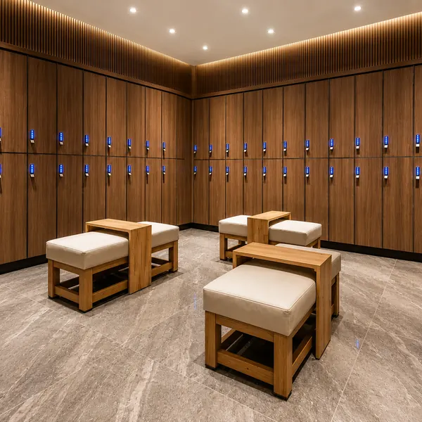 Wood locker room with shoe-changing benches