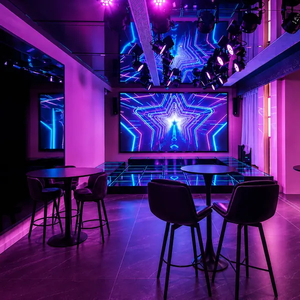 Pink-purple neon stage with lounge seating