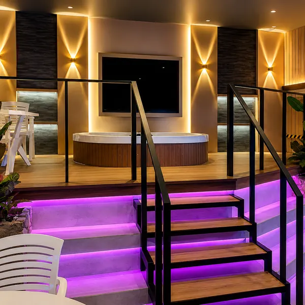 Japanese-style warm-lit jacuzzi entrance