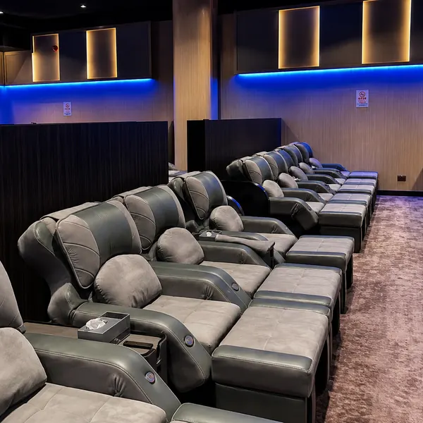 Blue-lit cinema-style recliner lounge
