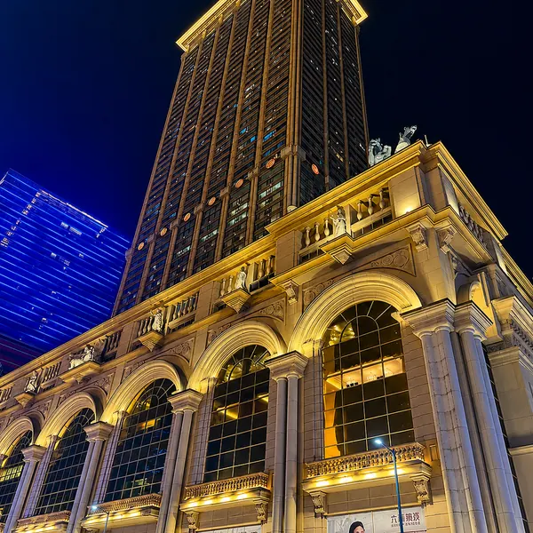 Hotel facade with blue city lighting